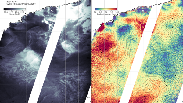 Left, Swot KaRIn reflected radar power (sigma0) and, right, in color, the KaRIn 250-m sea level anomalies with derived geostrophic currents overlaid (black lines with arrows). The day of the measurement is an exceptional one, with few waves and little wind. Under these conditions, Swot captures very small-scale roughness changes, visible in sigma0 (white filaments). Those are the tracers of ocean turbulence generated by the movements of larger-scale ocean eddies. The sea level anomalies map mostly show those eddies. (Credit Cnes/CLS/JPL)