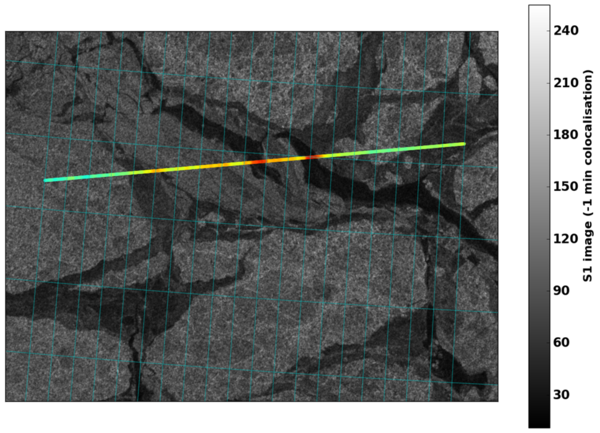 Rétrodiffusion du mode SAR entièrement focalisé de Sentinel-3A, superposée à l'image de rétrodiffusion de Sentinel-1 le 14/10/2016.