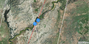 Altimetry-computed virtual station on the Paraguay river in the Pantanal area, with Sentinel-3A and Jason tracks overlaid (Credits Hydroweb)