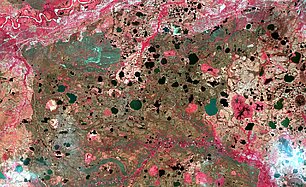 Image optique Sentinel-2B d'une zone près de la ville de Noviy Urengoy (Sibérie, Russie). Il s'agit d'une image typique d'une zone humide arctique (Credits Sertit/Icube)