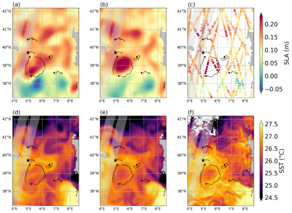 Sea level anomaly (SLA; a, b) and sea surface temperature (SST; d, e) snapshots from the model without SWOT assimilation (a, d) and with SWOT assimilation (b, e) in the Mediterranean Sea on 11 July 2023. (c) SLA measurements from the seven nadir altimeters between 5 and 11 July 2023. (f) Satellite SST observations from the Mediterranean Ultra High Resolution L3S product on 12 July 2023. Contours represent SLA from the model without SWOT assimilation (a) and with SWOT assimilation (b–f). Black dots indicate "Adopt a crossover" (AdAC) drifter positions on 11 July 2023, and black lines show their 7-day trajectories. (credits Mercator Ocean International)