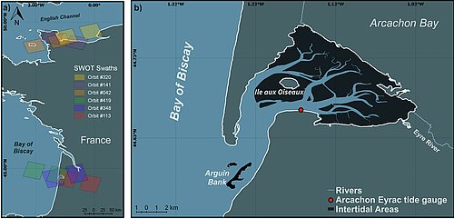 Cartes montrant les passages de Swot sur deux zones d'estran en France (à gauche) et la géographie du bassin d'Arcachon (à droite) (Crédits Legos / Université de Rouen Normandie)