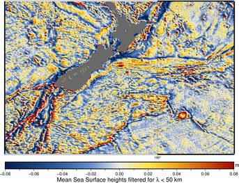 Cnes-CLS2022 mean sea surface filtered for wavelengths under 50 km around New Zeland. A king of ring is visible south-east, which matches the Bollons Seamount location (Credits Cnes/CLS, figure Aviso).