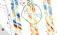 ADT_swot with internal solitary waves detection for 22 August 2024 with an Anticyclonic eddy interaction ("AE", eddy marked by green contour) (from [Goret et al. , 2026])