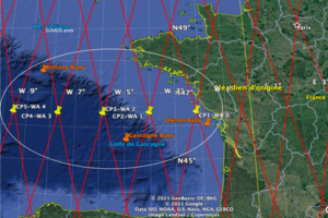 Trajectoires au nadir de CFOSAT sur 13 jours (lignes rouges) avec points de croisement (jaunes) pour les observations co-localisées (Crédits Cnes)