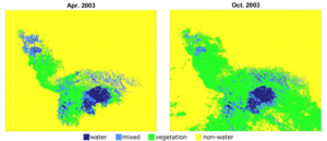 April and October lake Chad surface water extent (for 2003, a rather typical year of the last two decades) (credit IRD)