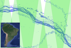 Exemple d'une rivière en tresse, le Rio Negro. Les fauchées Swot sont indiquées (Crédits Insa-IMT/Cnes-CS corp./ICube/Legos)