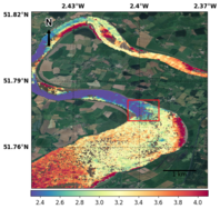 SSHA computed from Swot high resolution measurements over the Severn on April 21, 2023. The tidal bore is visible as an abrupt drop in the SSHA (red frame). (Credit DTU)