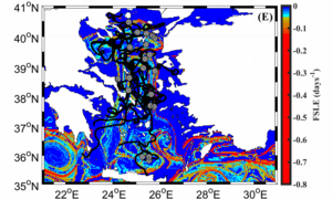 Snapshots of the FSLE at predefined months over the levantine basin, Ionian and Aegean Sea, similar to the surface Mediterranean circulation, to visualize the distributions of drifter pairs and 30-day trajectories versus the coherent structures (from [Bouzaiene et al., 2020])