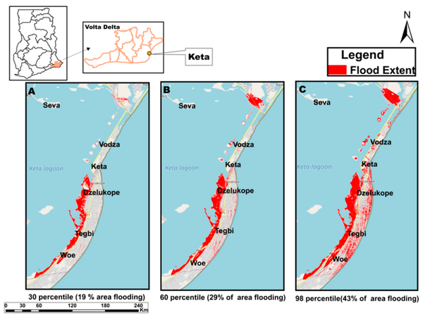 Flood extent mapping for each scenario of Extreme Coastal Water Levels where: (A) 30th percentile of ECWLs with 19% of the area being potentially flooded, (B) 60th percentile of ECWLs with 29% of the area being potentially flooded, (C) 98th percentile of the area being potentially flooded. (from [Brempong et al., 2023])