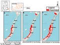 Cartographie de l'étendue des inondations pour chaque scénario de niveaux d'eau côtiers extrêmes où : (A) 30ème percentile des ECWLs avec 19% de la zone potentiellement inondée, (B) 60ème percentile des ECWLs avec 29% de la zone potentiellement inondée, (C) 98ème percentile de la zone potentiellement inondée. (d'après [Brempong et al., 2023])