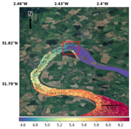 SSHA computed from Swot high resolution measurements over the Severn on April 20, 2023. The tidal bore is visible as an abrupt drop in the SSHA (red frame). (Credit DTU)