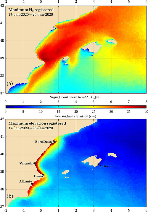 Maximum SWH and surface elevation simulated by a model assimilating altimetry during the 17-26 Jan  2020 period when the storm Gloria hit the North-Western coasts of the Mediterranean Sea (credit IMEDEA, UIB-CSIC)