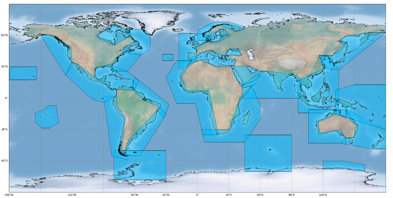 World map of X-TRACK regional polygons v2.2